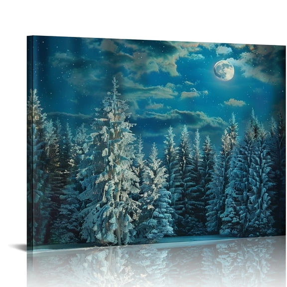 FCXZI Snowy Forest Full Moon Stars Canvas Wall Art Print On Canvas Ready To Hang Home Decor 16x12in