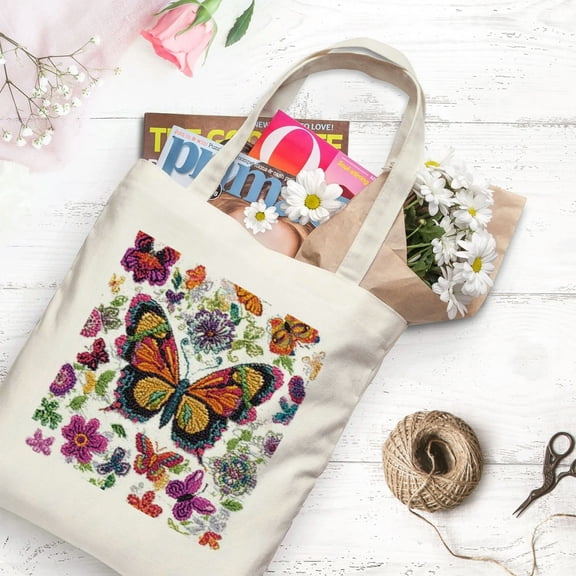 FCXZI Spring Floral Butterfly Print Reusable Shoulder Bag Totes Bag for Vacation Shopping Grocery Gym Fabric Bag Tote White