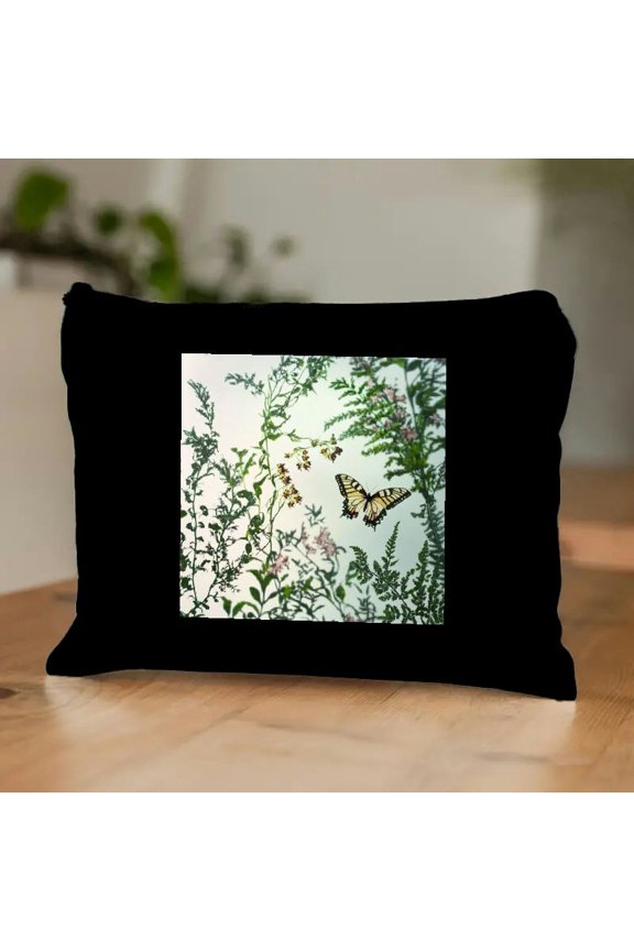 Spring Flower Makeup Bag,Personalized Cosmetic Bags for Women, Butterfly Pattern Makeup Pouch, Leather Waterproof Makeup Bag Organizer,Birthday Gift For mother Black