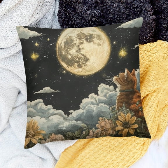 FCXZI Square Cushion Cover Cat Moon Clouds Decor Indoor Decoration for Home Sofa Couch Linen 100% - Set of 1 Pillow Covers 18x18in
