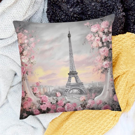 FCXZI Square Cushion Cover Flowers Eiffel Tower Painting Home Decor 20x20in