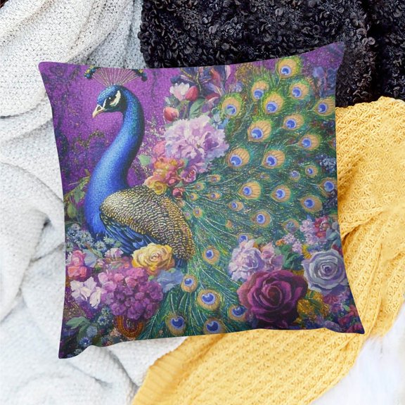 FCXZI Square Cushion Cover Peacock Flowers Feathers Farmhouse Decor 18x18in