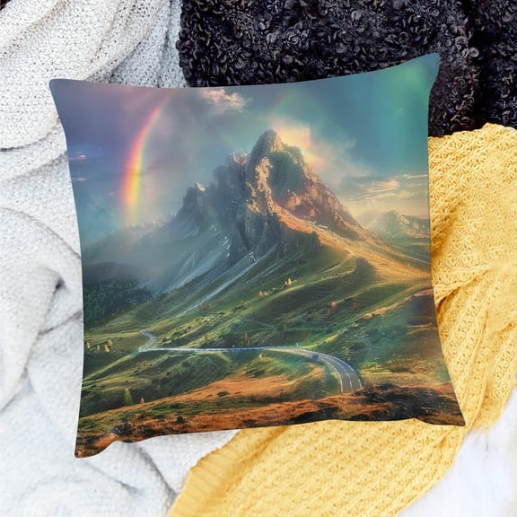 FCXZI Square Cushion Cover Rainbow Mountain Road Decor Indoor Decoration for Home Sofa Couch 100% Linen Set of 1 Pillow Covers 18x18in