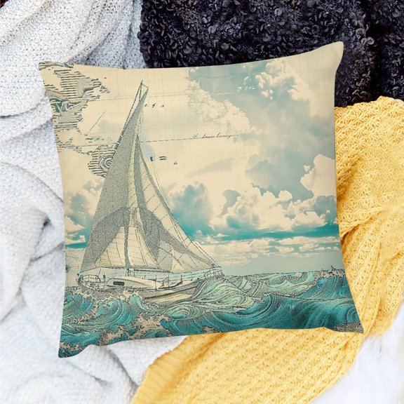 FCXZI Square Cushion Cover Sailboat Clouds World Map Pillow Case for Home Sofa Couch Decor 18x18in