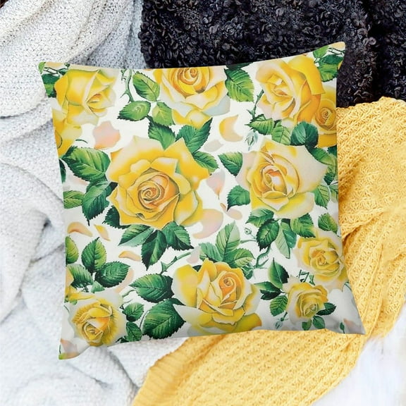 FCXZI Square Cushion Cover Yellow Roses Green Leaves for Home Sofa Couch 100% Linen Set of 1 Pillow Covers 18x18in