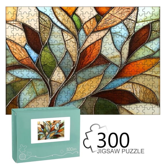 FCXZI Stained Glass Autumn Leaves, Interest Wooden Jigsaw Puzzle, HD Printed Art Puzzle, Interactive Family Game, Wall Decor for Bedroom Living Room, Educational, Fun Gift for Adults and Family