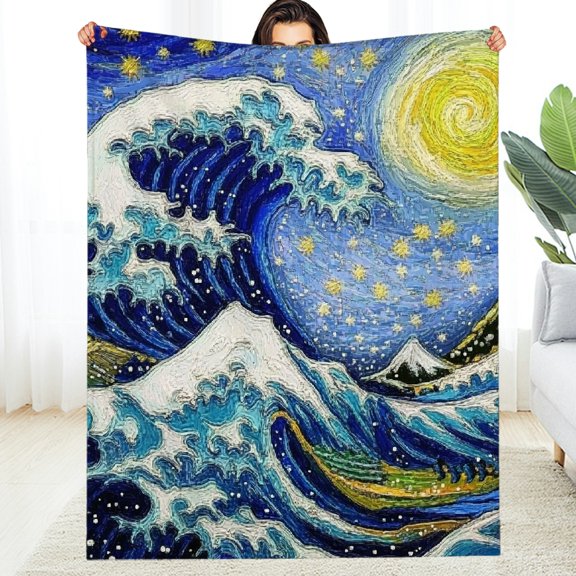 FCXZI Starry Night Wave Yellow Sun Flannel Blanket, Soft Cozy Multi-Purpose 30*40in