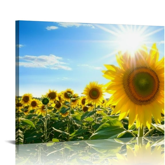 FCXZI Sunflower Canvas Wall Art Window View Picture Flowers Filed Landscape Painting for Home Living Room Bedroom Office Decor  16x12in