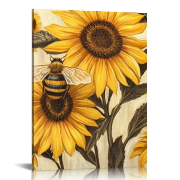 FCXZI Sunflowers Bee Stripes Canvas Wall Art Home Decor 12x16 12x16in