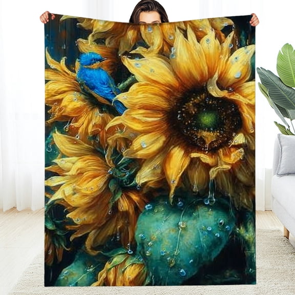 FCXZI Sunflowers Blue Bird Durable Soft Flannel Blanket, Allergy Friendly 60*80in