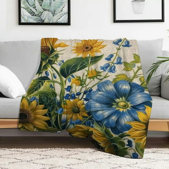 FCXZI Sunflowers Bluebells Vase Flannel Blanket Soft Warm Multi-Purpose 30x40in