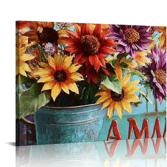 FCXZI Sunflowers Wall Art Canvas Prints Autumn Sunflowers Flower White Wooden Background Rustic Farmhouse Style Decor Kitchen Bathroom Decor 20x16in