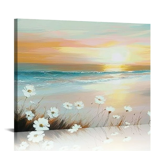 FCXZI Sunset Beach Wall Art Canvas White Flowers Canvas Prints Home Decor Painting for Living Room Bedroom Office Seascape Natural Landscape Wall Decor Ready to Hang 16x12in