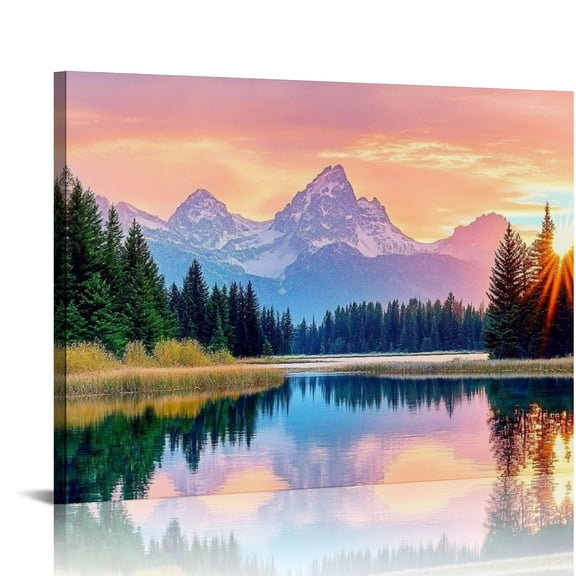 FCXZI Sunset Mountain Wall Art Grand Teton Snake River Landscape Picture National Park Scenery Canvas Nature Forest Lake Reflection Prints Artwork for Living Room Bathroom Home Decoration 20x16in