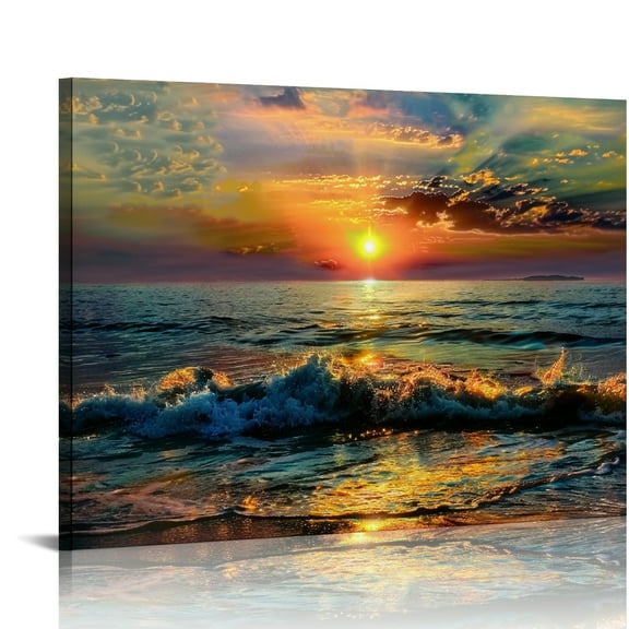 FCXZI Sunset Waves Sun Wall Art Canvas Print Decorations for Bedroom and Kitchen, Ready To Hang Home Art Decor 20x16in