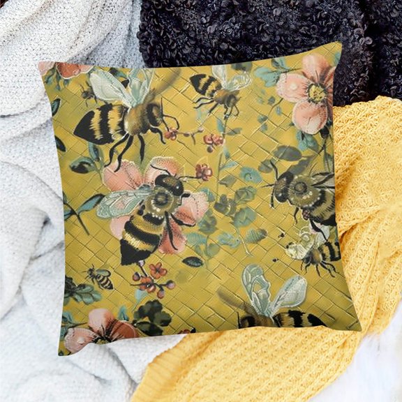 FCXZI Throw Pillow Cover Bees Flowers Texture Cushion Case Home Decor 18x18in