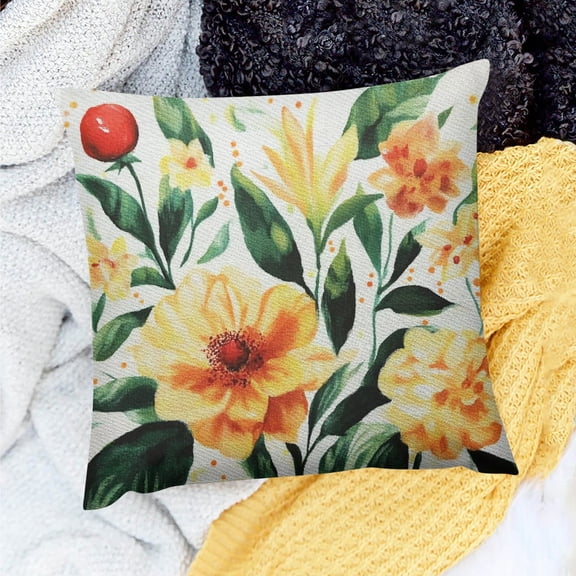 FCXZI Throw Pillow Cover Floral Design Red Dot Green Leaf 100% Linen 18x18in