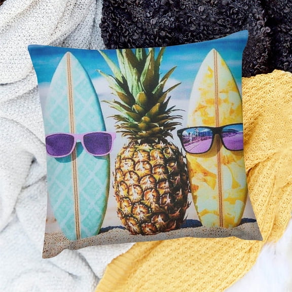 FCXZI Throw Pillow Cover Pineapples Sunglasses Surfboards 100% Linen 20x20in