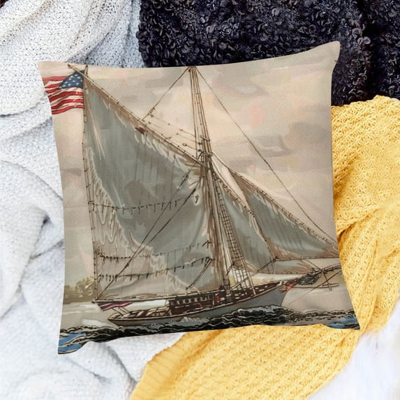 FCXZI Throw Pillow Cover Sailboat American Flag Fitz Henry Lane Cushion Case for Home Sofa Couch Decor 100% Linen Set of 1 No Insert 3 Sizes 20x20in