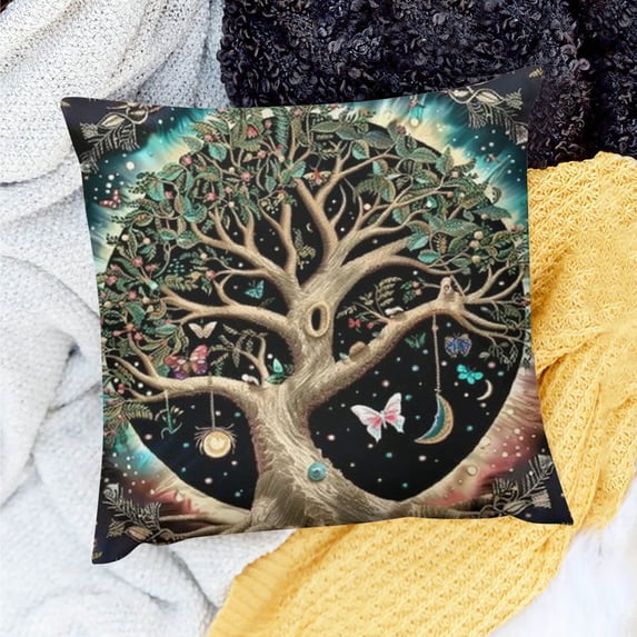 FCXZI Throw Pillow Cover Tree of Life Butterflies Moon for Home Sofa Couch Decor 1 Set, 100% Linen 20x20in
