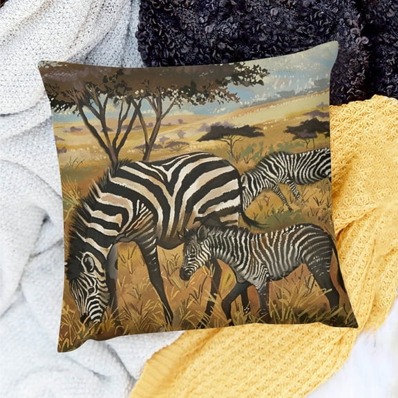 FCXZI Throw Pillow Cover Zebras Field Trees Farmhouse Decor 100% Linen 24x24in