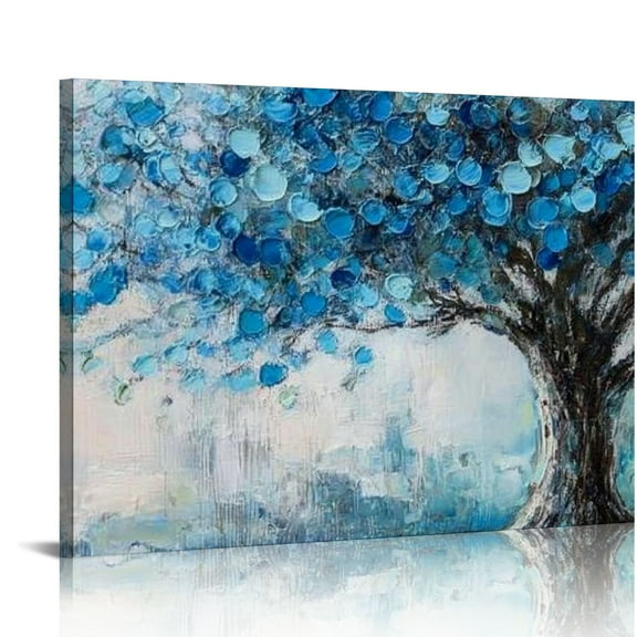 FCXZI Tree Landscape Canvas Wall Art Blue Textured Painting Abstract Tree of Life Picture Grey Panoramic Scenery Artwork for Living Room Bedroom Bathroom Kitchen Office Home Decor 16x12in