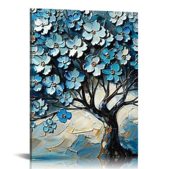 FCXZI Tree of Life Large Wall Art, Blue Tree Oil Paintings Art Prints, Blooming Flowers Canvas Wall Decor, Modern Abstract Wall Pictures for Living Room Bedroom Bathroom Home  Canvas painting