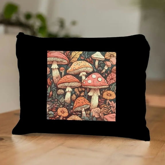 FCXZI Trendy Preppy Pink Mushroom Makeup Bag, Small Zipper Pouch for Purse,Mushroom Cosmetic Bag Zipper Pouch for Women Teens Girl,Small Makeup Bag Black