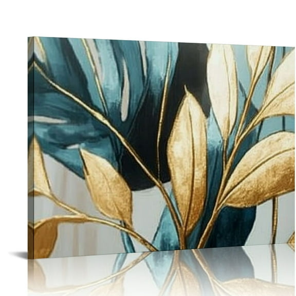 FCXZI Tropical Leaf Wall Art Teal and Gold Wall Decor for Bathroom Boho Botanical Canvas Pictures Teal Plant Decor Gold Leaves Paintings Artwork for Living Room Bedroom Home Decorations 16x12in