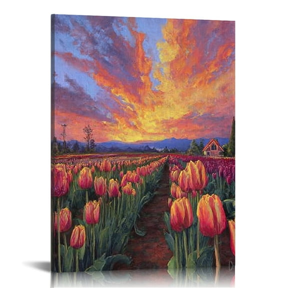FCXZI Tulips Sunset House Canvas Wall Art Home Decor 12x16 16x20 12x16in