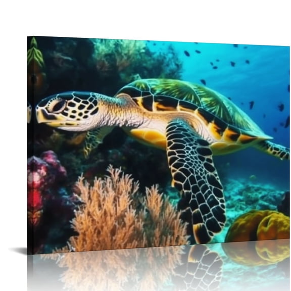 FCXZI Turtle Coral Reef Ocean Canvas Print Wall Art Ready To Hang 16x12in