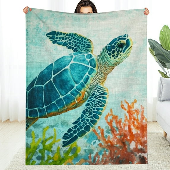 FCXZI Turtle Ocean Corals Flannel Blanket, Soft Reversible Multi-Purpose 40*50in
