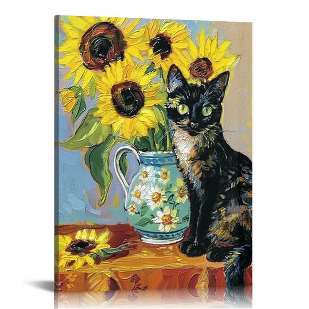 FCXZI Van Gogh Wall Art Sunflower Oil Paintings with Black Cat Famous