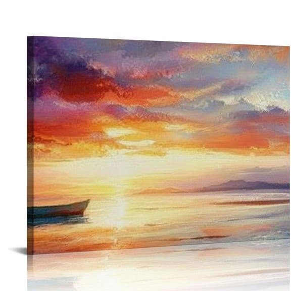 FCXZI Vibrant Orange Sunset Wall Art - Colorful Ocean Abstract Beach Decor for Living Room &amp; Bathroom - Large Coastal Seascape Picture - Ocean Sunrise for Home Decoration  16x12in