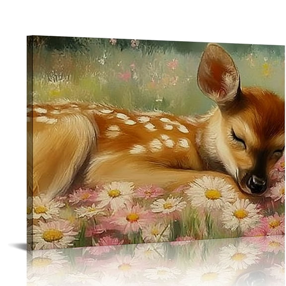 FCXZI Vintage Deer Painting Sleeping Animal Wall Art Cute Deer Pictures Wildflower Canvas Wall Art Vintage Animal Artwork Wildlife Art Prints Flower Deer Picture Vintage Nursery Paintings 16x12in