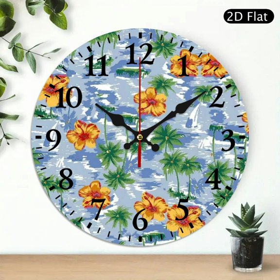 FCXZI Wall Clock Battery Operated, Tropical Hibiscus Island Pattern Print, Battery Operated (AA Not Included), Lobby Corridor Dining Room Bedroom Office Classroom