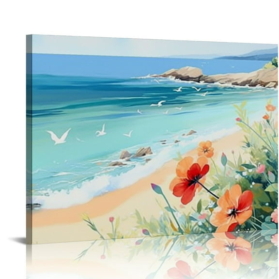 FCXZI Watercolor Beach Wall Art Coastal Wall Decor Nature Flower Landscape Pictures for Living Room Canvas Poppy Wildflower  Floral Painting Modern Artwork Bathroom Bedroom Home Decorations  16x12in