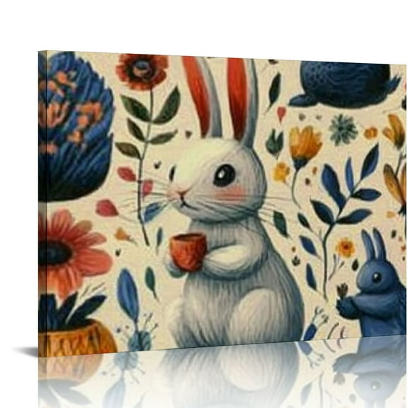 FCXZI  Watercolor Bunny Colorful Floral Canvas Wall Art Print Rabbit Easter Eggs Wildflowers Wall Art Painting Canvas Print Traditional Chinese Chinoiserie Art Print for Living Room  16x12in
