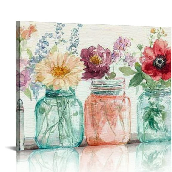 FCXZI Watercolor Flower Kitchen Wall Decor Floral Canvas Wall Art Blossoms in Mason Jar on Retro Wood Background Large Artwork for Kitchen Bedroom Living Room 20x16in