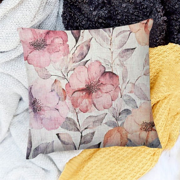FCXZI Watercolor Flower Pillow Cover Floral Abstract Pink Grey Blossom Spring Rose Linen Pillow Cover Throw Pillow Case Cushion Cover Pillowcase for Sofa Home Bed Decorative 18x18in