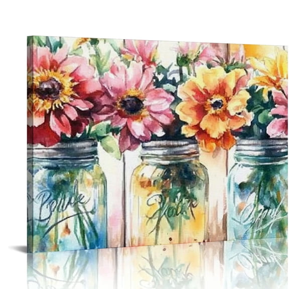 FCXZI Watercolor Sunflowers Canvas Prints With Flower in Mason Jars on a White Wooden Background in a Rustic Farmhouse Style Decor Kitchen Bathroom Wall Art 20x16in