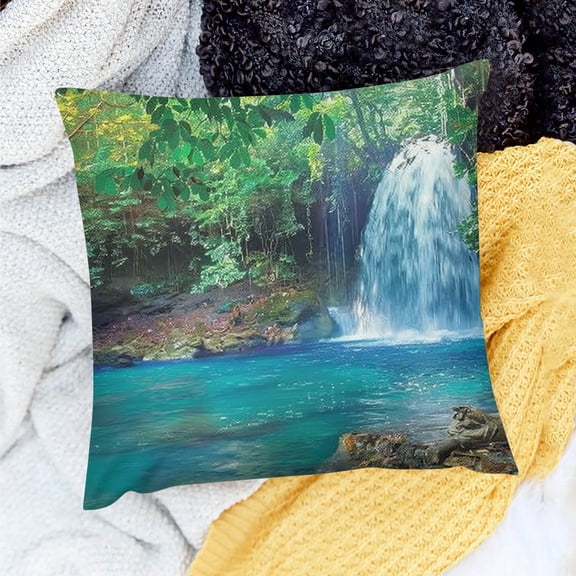FCXZI Waterfall Forest Blue Pool Square Cushion Cover for Home Sofa Couch 100% Linen Set of 1 Pillowcase No Insert 3 Sizes 20x20in