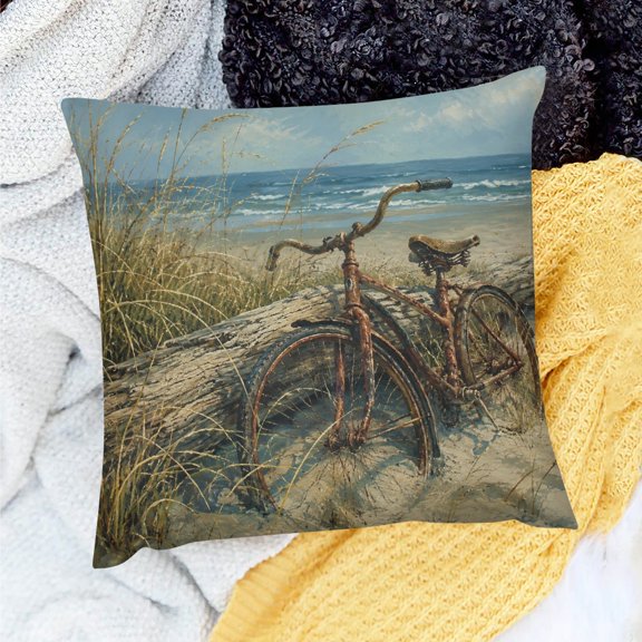 FCXZI Waterproof Linen Pillow Covers Beach Old Bicycle Pattern Square Cushion Covers for Home Sofa Couch 18x18in