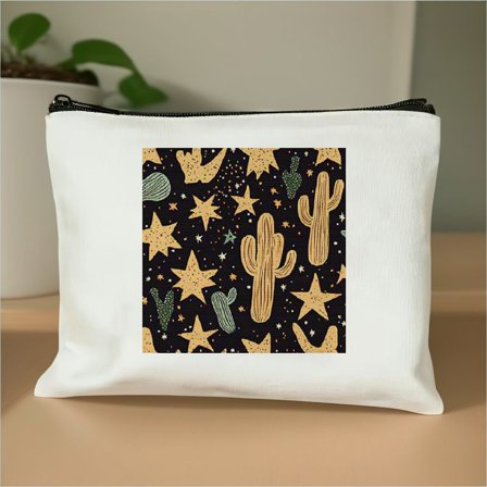 FCXZI Western Country Stuff Bull Skull Cactus Celestial Pattern Makeup Bag Make up Cosmetic Bag Small Zipper Pouch,Gifts for Girls Women,Cowgirl Gifts for Girls White