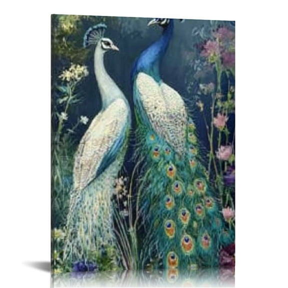 FCXZI White Peacocks Wall Art Animal Floral Bird Peacock Painting Picture Garden Peacocks Wall Decor for Bedroom Office Living Room Home Peacock Decor for Women Unframed 12x16in