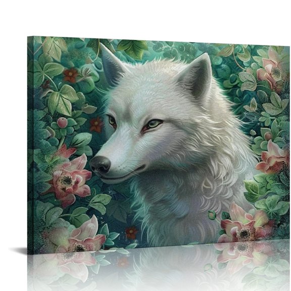 FCXZI White Wolf Flowers Leaves Print On Canvas Wall Decor for Home Bathroom Art Modern Ready To Hang Room Decor 16x12in