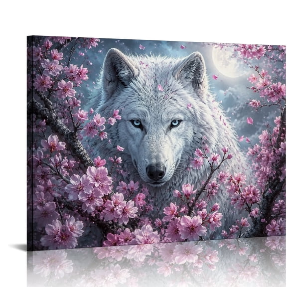 FCXZI White Wolf With Blossoms HD Print Framed Canvas Wall Art for Living Room Bedroom Kitchen 16x12in