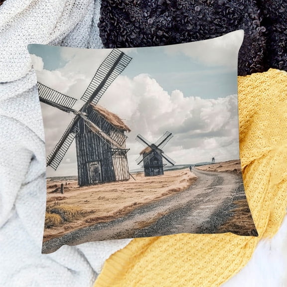 FCXZI Windmills Dry Grass Field Road Throw Pillow Cover 100% Linen 18x18in