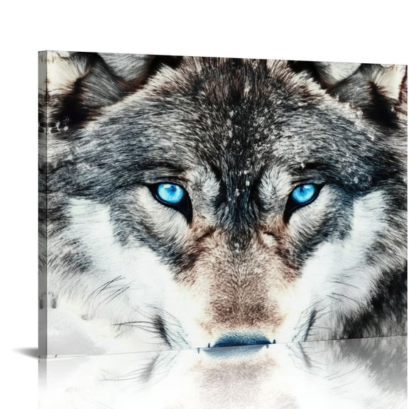 FCXZI Wolf Canvas Wall Art, Wolf with Blue Eyes Painting Print Black and White Wolf Head Portrait Picture for Living Room Bedroom Decor 20x16in