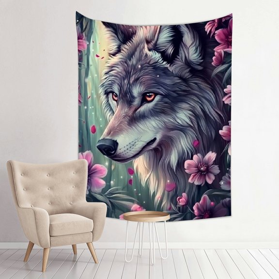 FCXZI Wolf Flowers Forest Tapestry Wall Hanging Home Decor 100% Polyester 30*40in